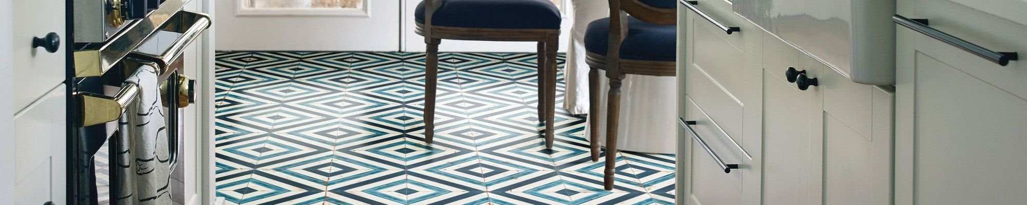 kitchen with patterned blue tiles